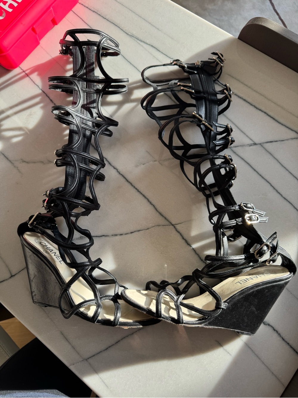 CHANEL Black Strappy Gladiator Wedge Sandals - Picture 3 of 3